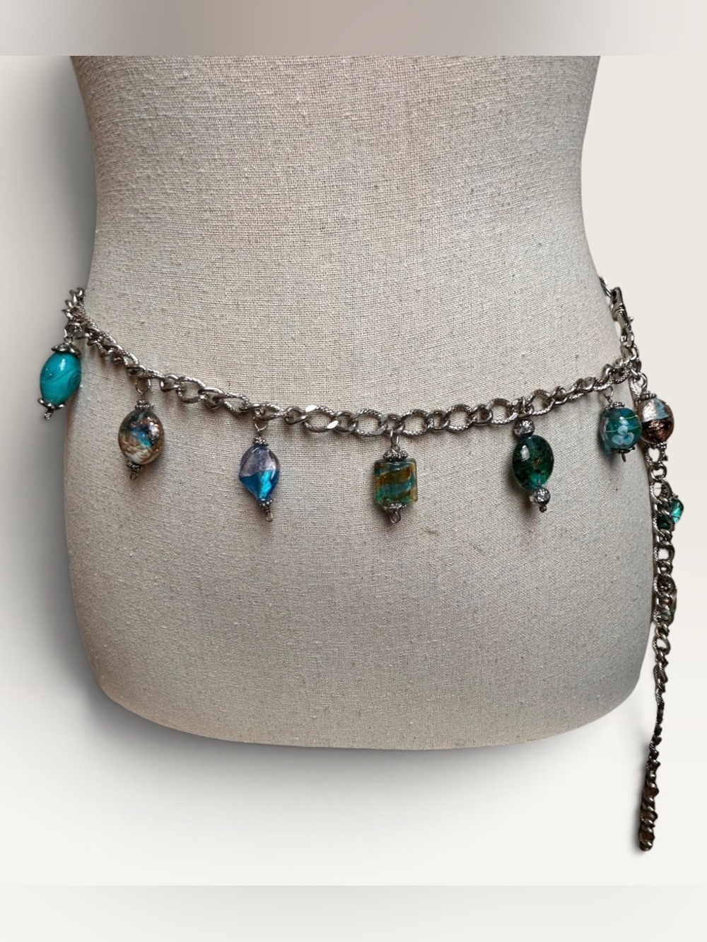 Vintage Artisan Lampwork Art Glass Bead Silver Chain Charm Belt Blue Green